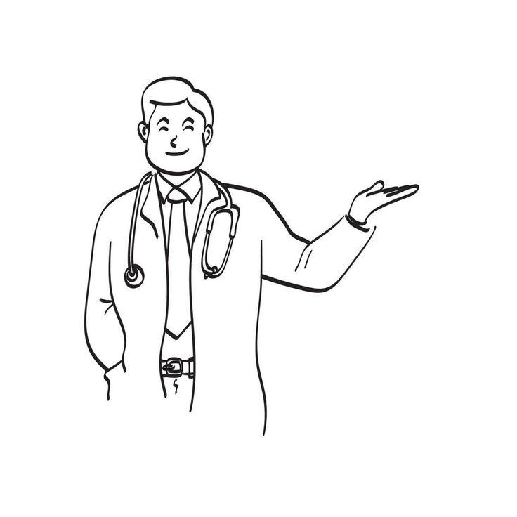 a black and white line drawing of a doctor pointing to something on his hand with a stethoscope