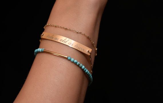 Gold Bar Bracelet Personalized  Sterling Silver by LillaDesigns Bar Bracelet Personalized, Custom Bangle, Silver Engraved Bracelet, Gold Bar Bracelet, Bracelet Name, Curved Bar, Turquoise Bead Bracelet, Bar Bracelet, Wire Bangles