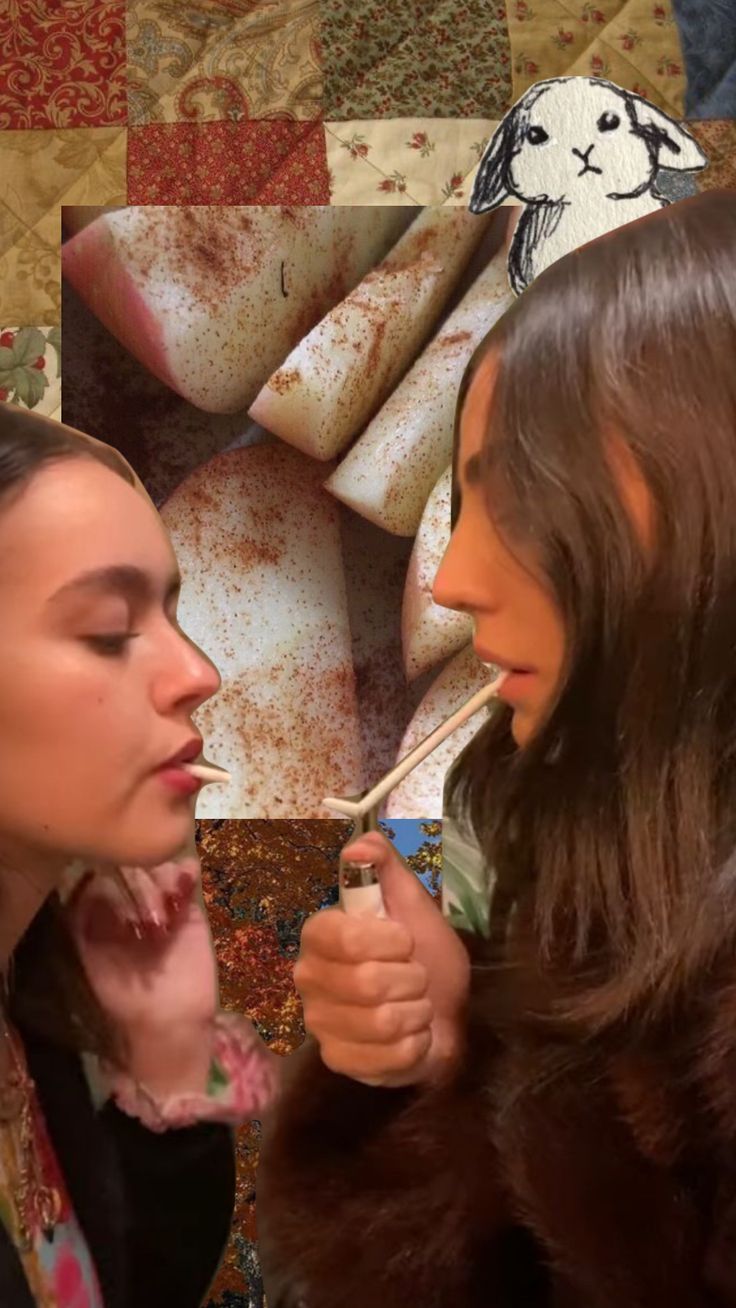 two women are looking at each other while brushing their teeth