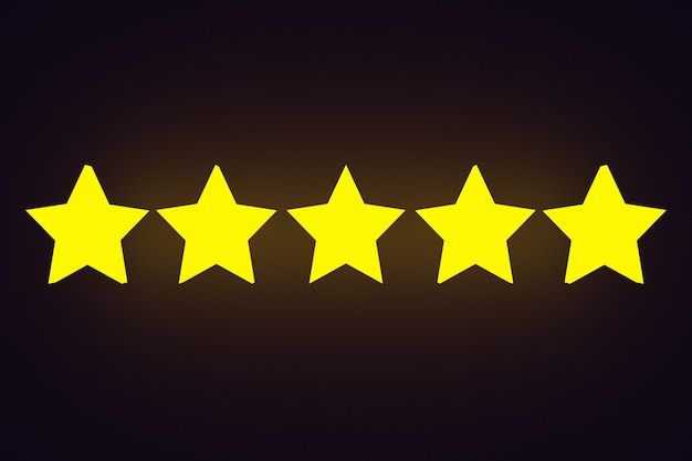 five yellow stars are lined up in a row on a black background with the word, 5 star written below them