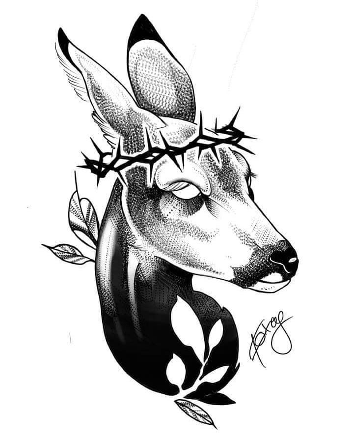 a black and white drawing of a deer with a crown of leaves on its head