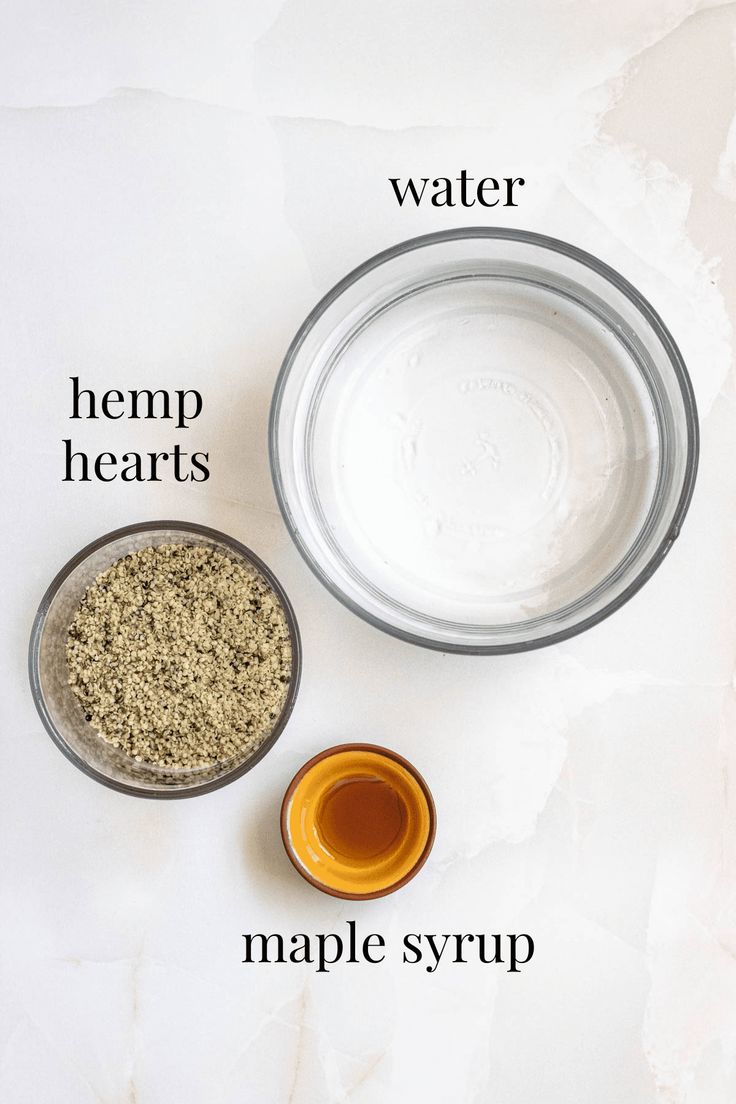 ingredients to make homemade maple syrup on white paper with text overlay that says, water, hemp hearts, maple syrup