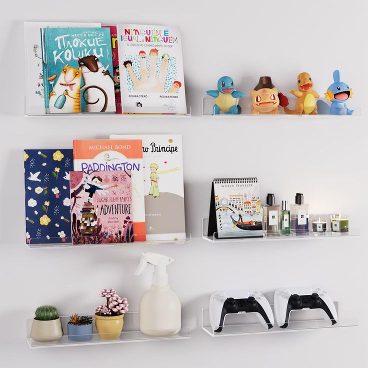 two white shelves with books and toys on top of each shelf in front of the wall