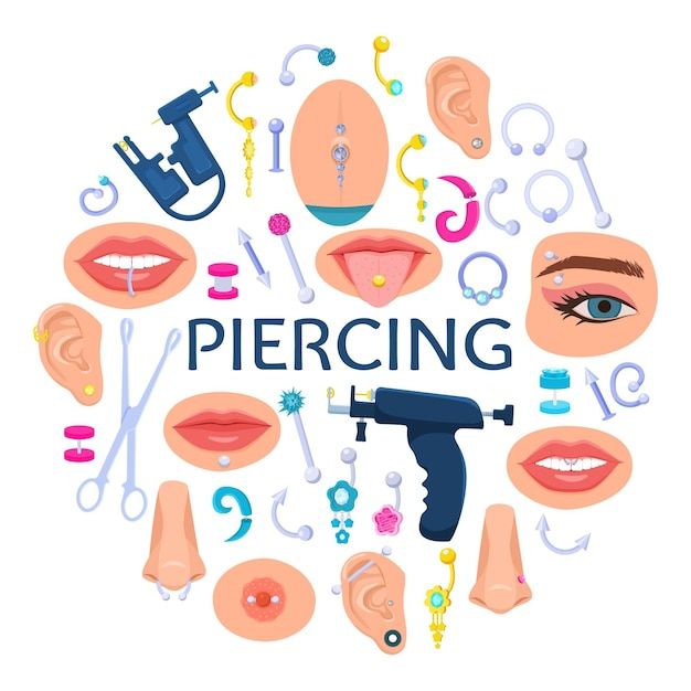 the words piercing are surrounded by various types of tools and accessories, such as hairdryers