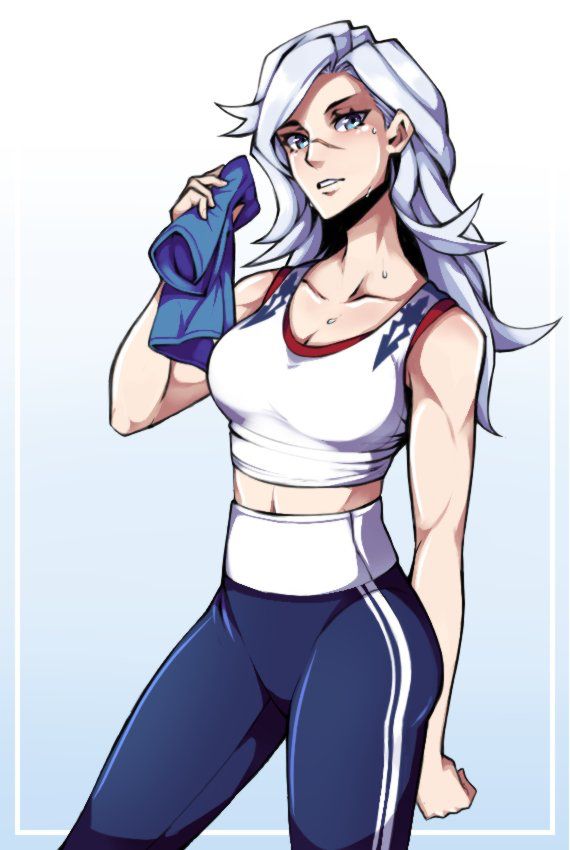 an anime character with white hair and blue pants