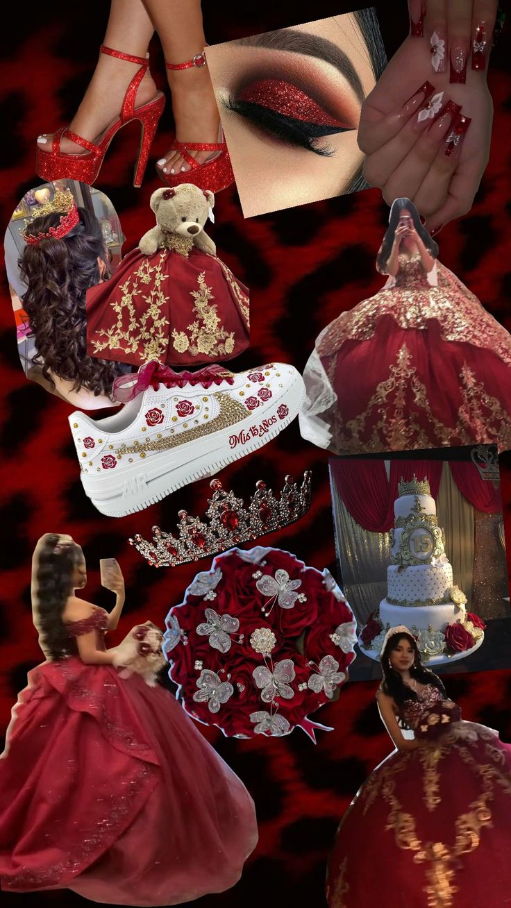 a collage of photos with red and gold wedding gowns, tiara, teddy bear