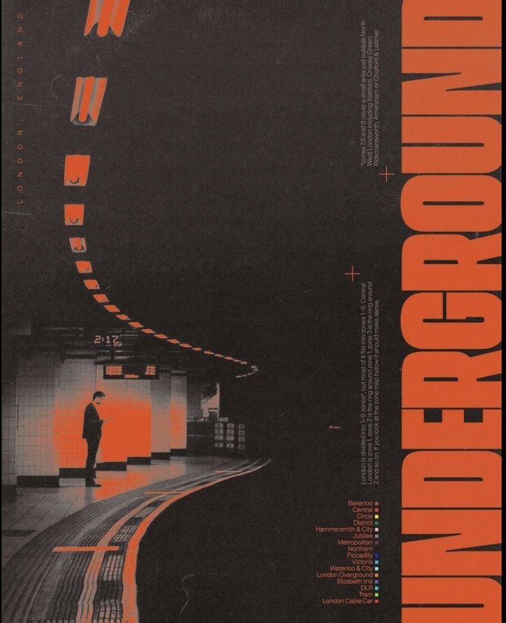 an orange and black poster with a man standing in the middle of a train station