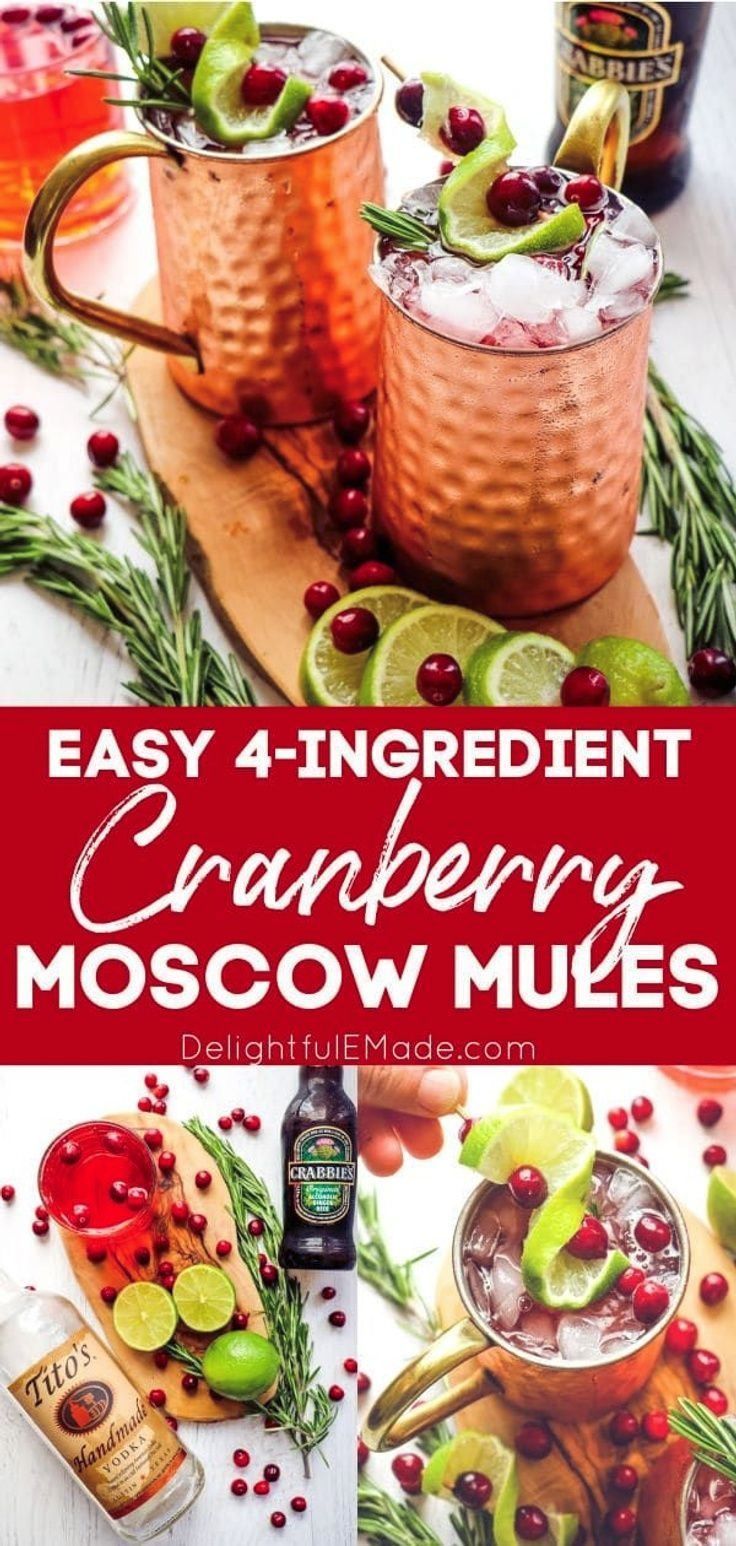 two glasses filled with cranberry moscow mules on top of a cutting board