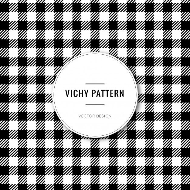 a black and white plaid pattern with a round label