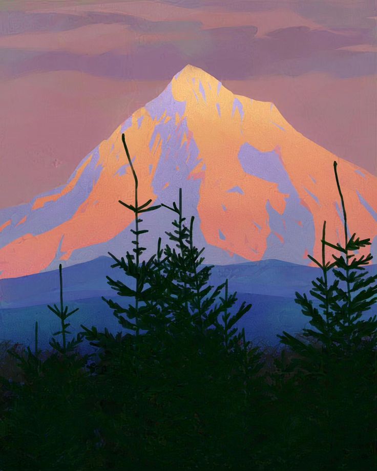 a painting of a mountain with trees in the foreground