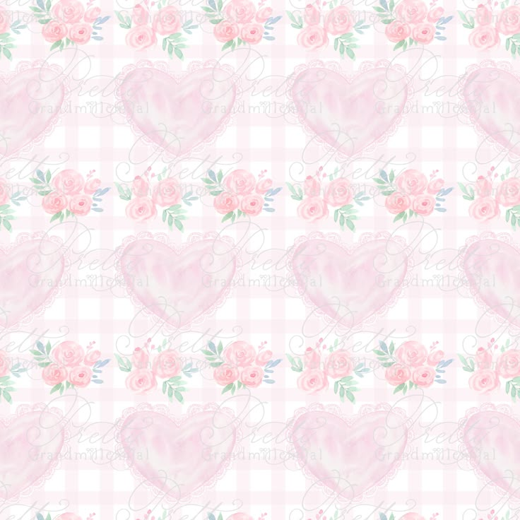 pink roses and hearts on a checkered background