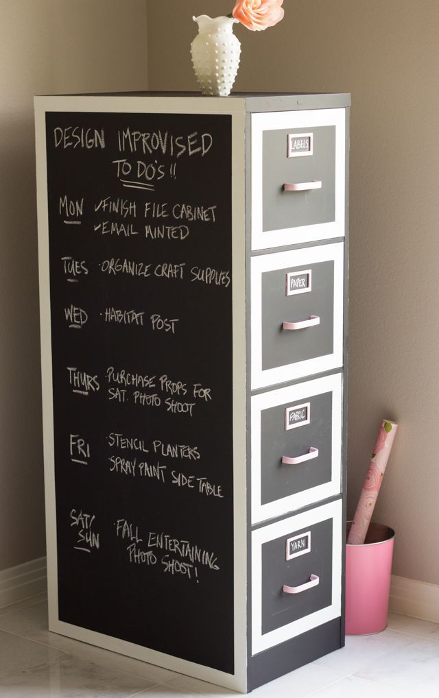 a chalkboard with some writing on it next to drawers and a pencil in front of it