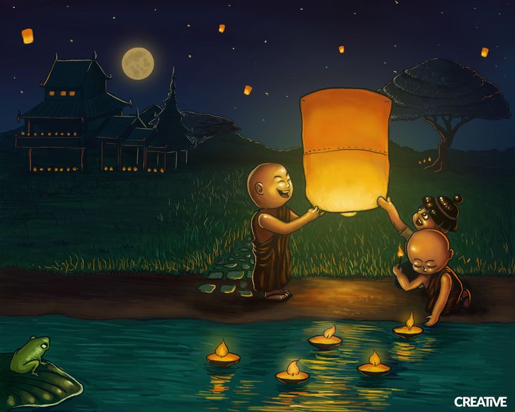 two people holding up a lantern in the water at night with floating lanterns on it