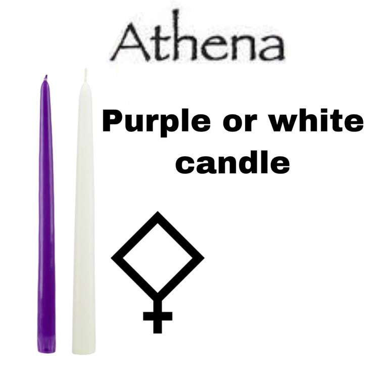 purple or white candle with the word athena next to it and an image of a symbol