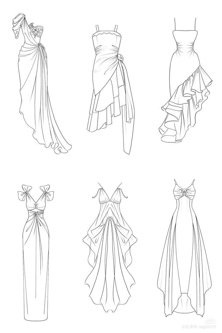 four dresses drawn in black and white