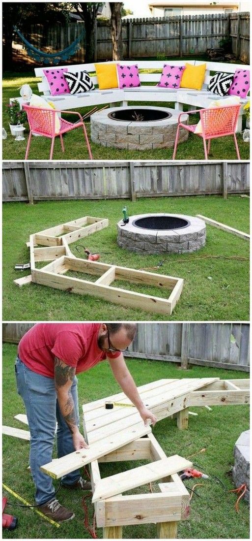 a woman is building a fire pit out of pallet wood and some other things