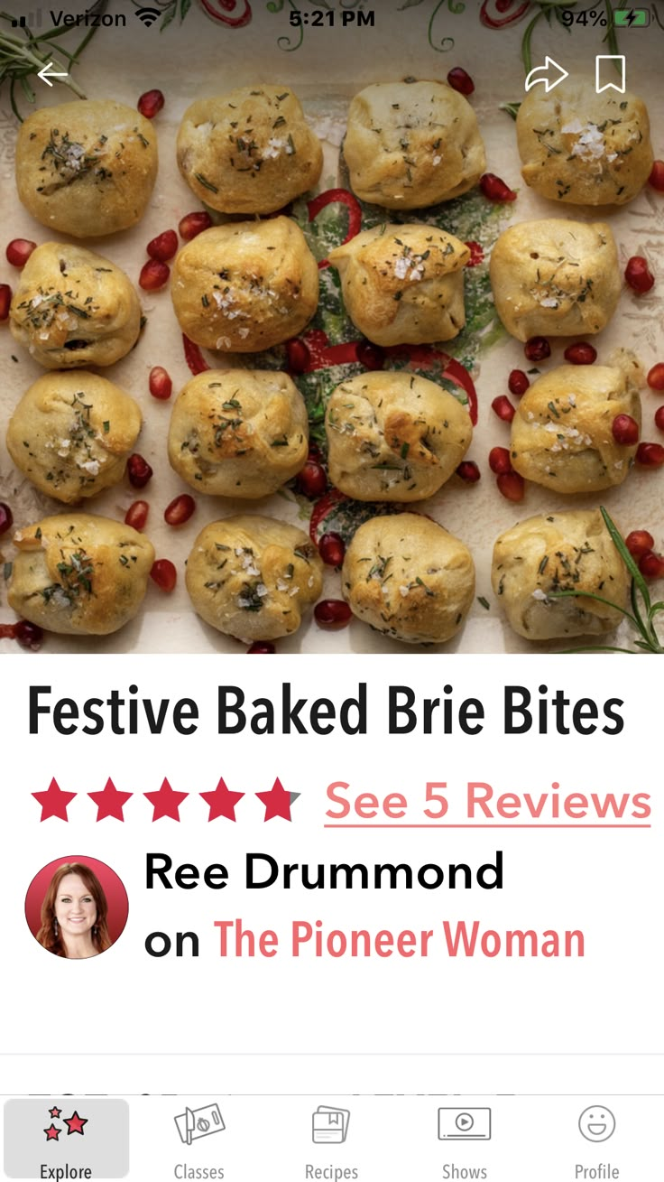 the recipe for festive baked brie bites is displayed on an iphone screen, and it