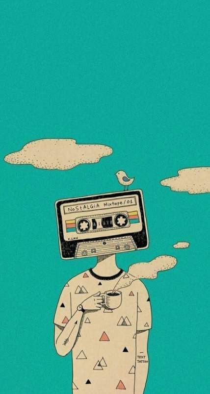 a drawing of a person with a cassette on their head and clouds in the background