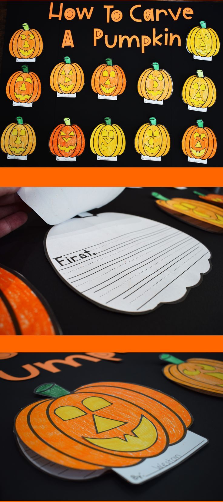 an orange and black table topped with lots of paper pumpkins next to a sign that says how to carve a pumpkin