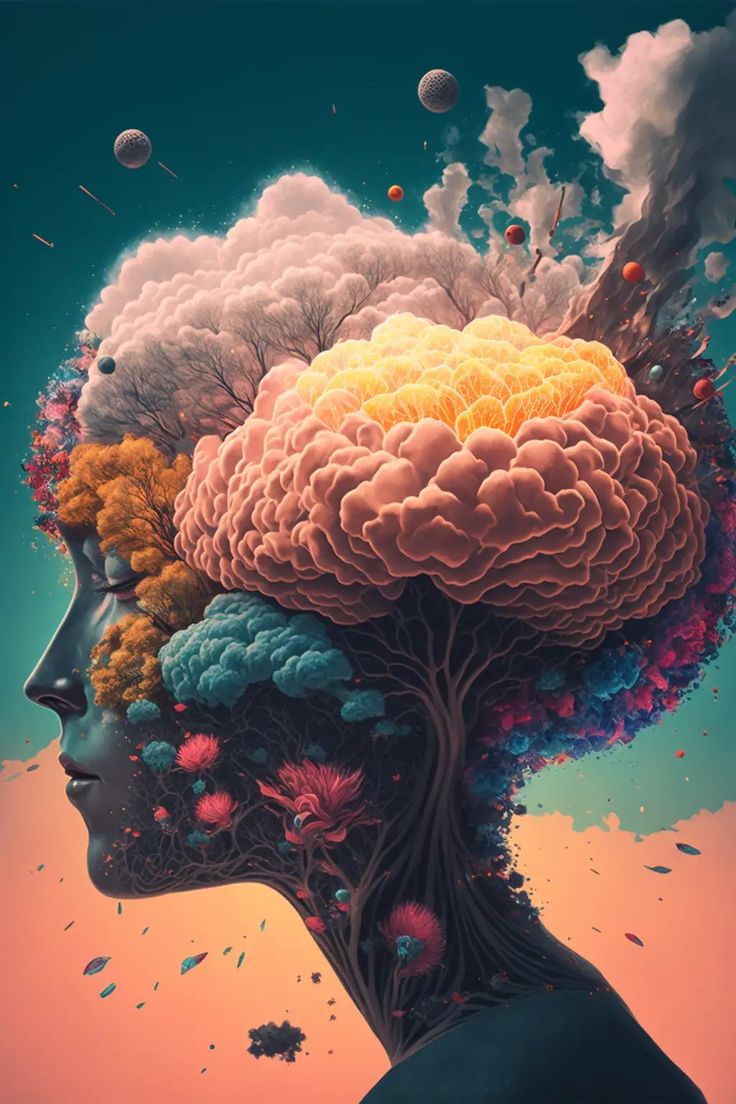 a woman's head with many different colored clouds and trees in the shape of her brain