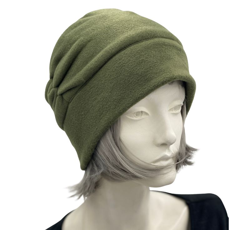 Trendy Fleece Winter Beanie Cloche Cap olive green front view Green Cloche Hat For Winter, Green Winter Cloche Hat With Curved Brim, Low Band, Chemo Headwear, Fleece Hats, Velvet Hat, Fabric Flower Brooch, Sewing Fleece, Cap Fashion