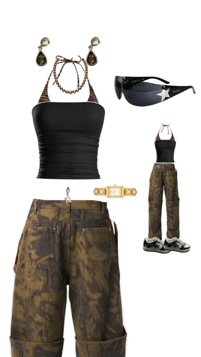 Camo cool girl outfit with Prada star glasses bape shoes gold watch tiger bikini and black tube top summer Tube Top Outfit, Star Glasses, Cool Girl Outfit, Bape Shoes, Tube Top Outfits, Cool Girl Outfits, Black Tube Top, Black Tube, Tube Tops