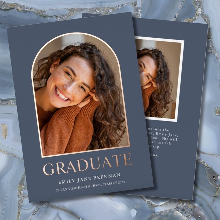 two graduation cards with a photo of a smiling woman on the front and back of them