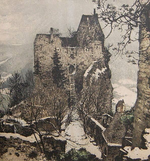 an old drawing of a castle in the snow