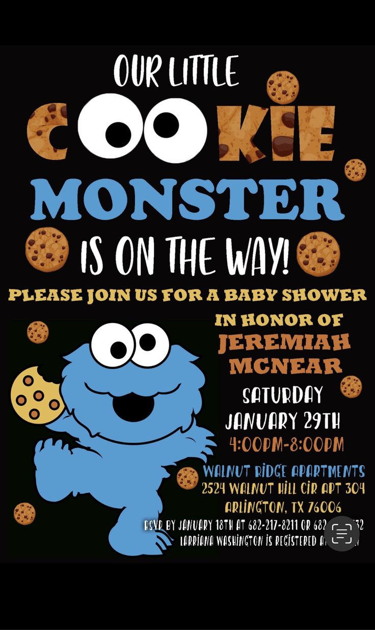 the cookie monster is on the way for baby shower and birthday party with this printable poster