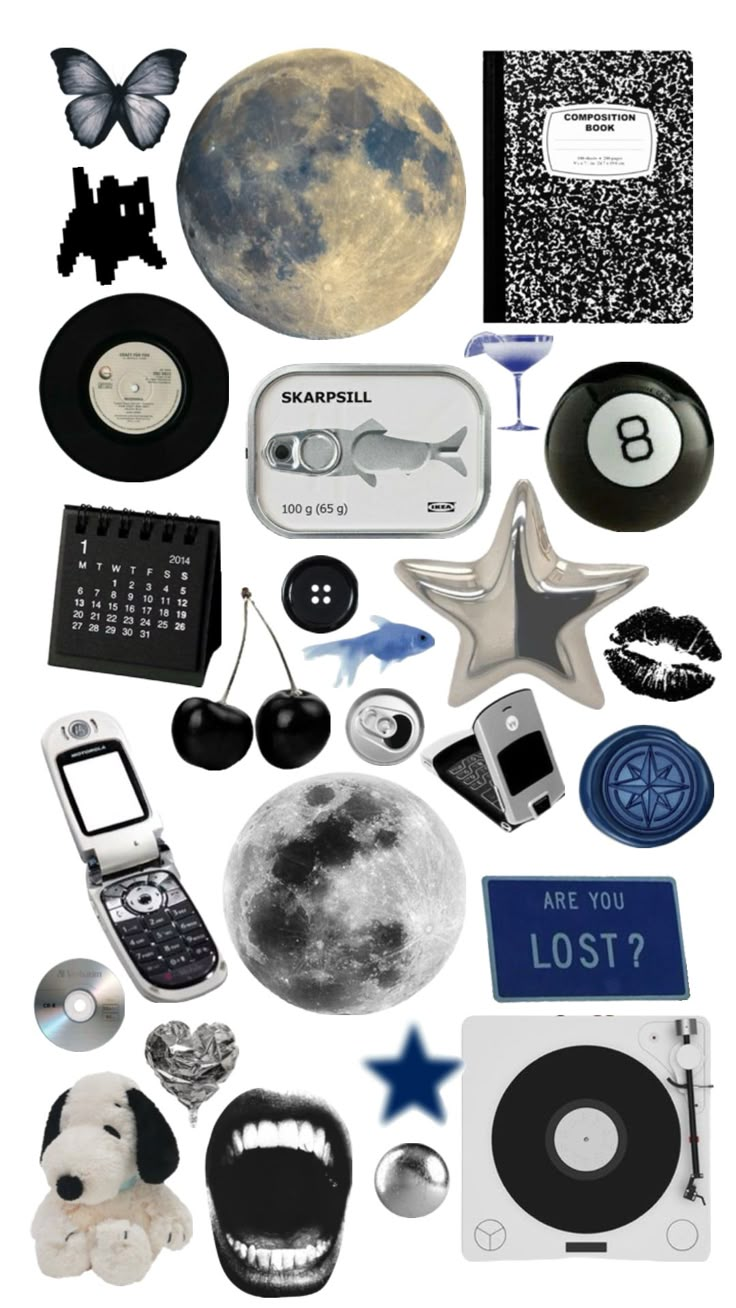 an assortment of various items are arranged in the shape of a moon, stars, and other things