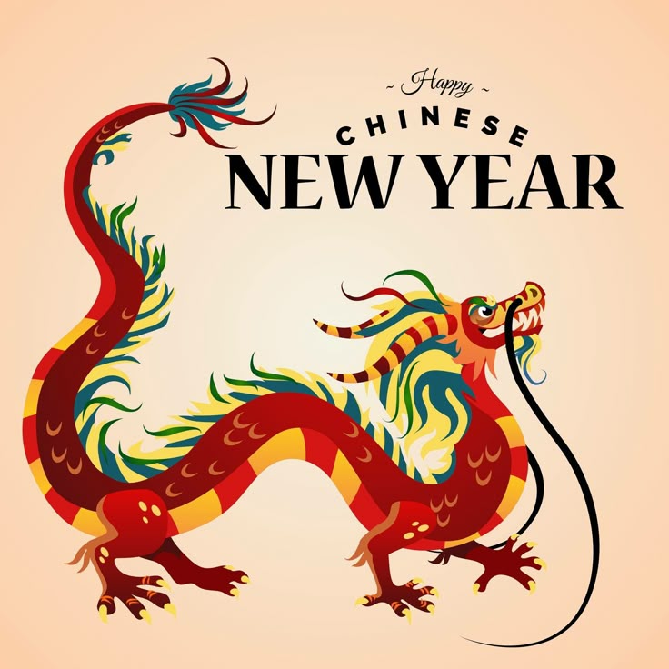 a red and yellow dragon with happy chinese new year written on the front, next to an orange background