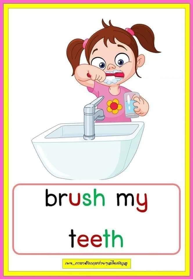 a girl brushing her teeth with the words brush my teeth in front of her face