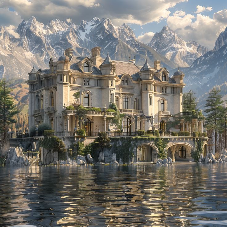 a large house sitting on top of a lake surrounded by mountains