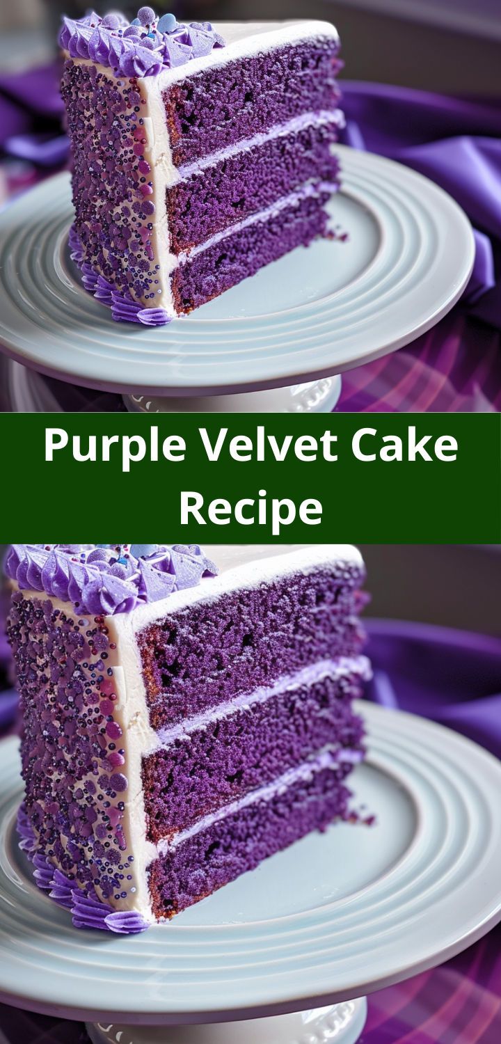 two slices of purple velvet cake on plates with the words, purple velvet cake recipe