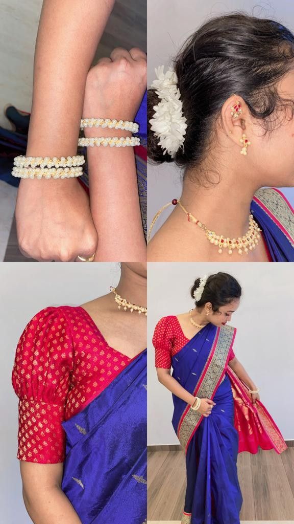 woman in blue and red saree with white flower on her left hand, wearing gold plated bracelets