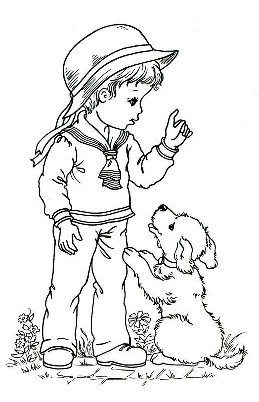 a little boy and his dog playing with each other in the grass coloring pages for kids