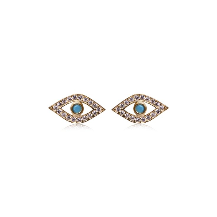 These mini evil eye studs are more than just beautiful! They enhance good luck and ward off bad intentions, creating luck and increased fortune when they are worn. Round brilliant cubic zirconias and uplifting turquoise stones in the center of each eye add a cheerful color and sparkle, all in a bright polished finish. Metal Type: 925 Sterling SilverMetal Plating: Yellow Gold PlatedLength: Mini studs Evil Eye Stud Earrings, Blue Round Evil Eye Earrings, Hamsa Earrings Studs, Turquoise Evil Eye Amulet Jewelry, Mini Studs, Round Brilliant, Turquoise Stone, Apparel Accessories, Types Of Metal