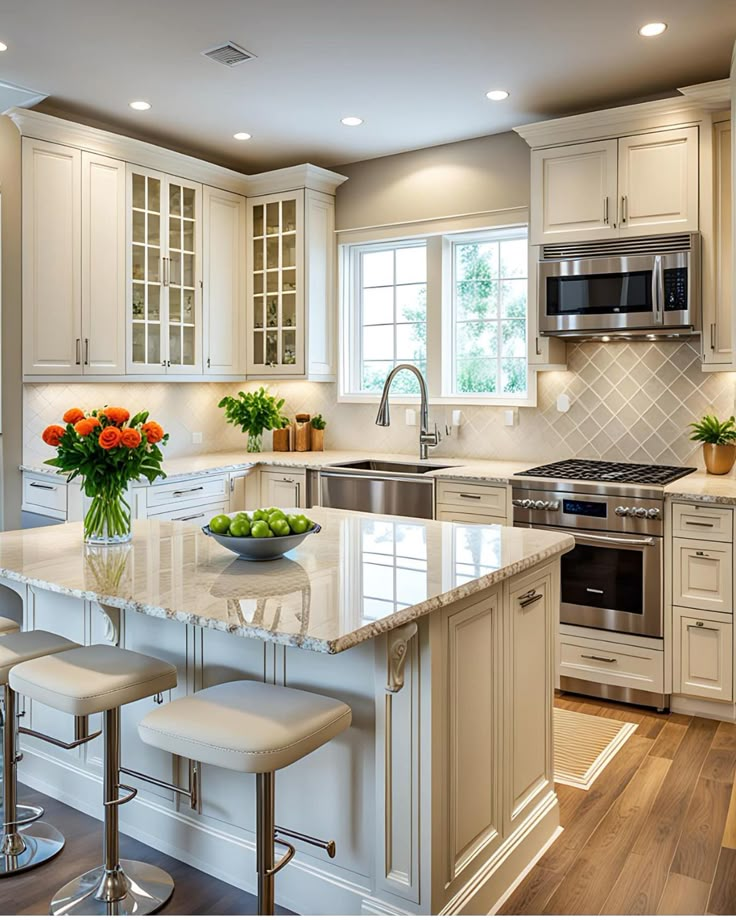 a large kitchen with white cabinets and marble counter tops, an island in the middle