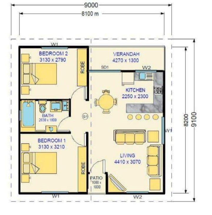 the floor plan for a small house with two bedroom and living room, which is divided by