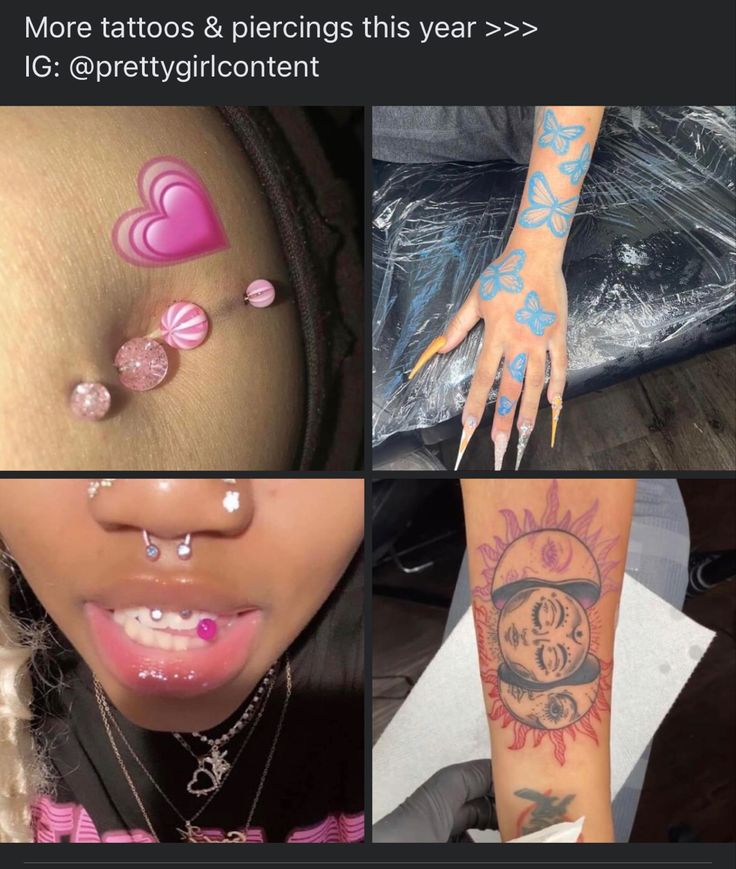 some tattoos and piercings that are on someone's arm, neck or leg