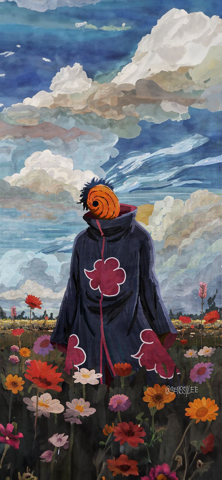 a painting of a person standing in a field with flowers and clouds behind them,