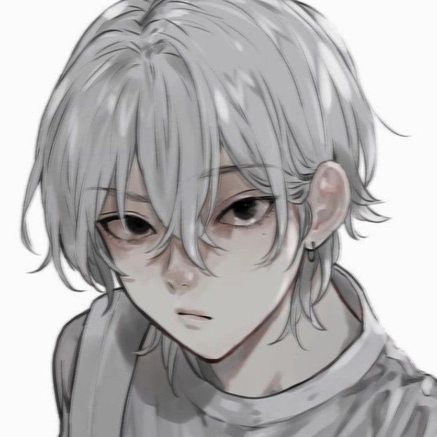 an anime character with white hair and black eyes looking at the camera, while wearing a gray shirt