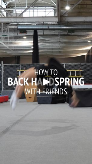 a man is doing tricks on a trampoline in an indoor area with the words how to back handspring with friends