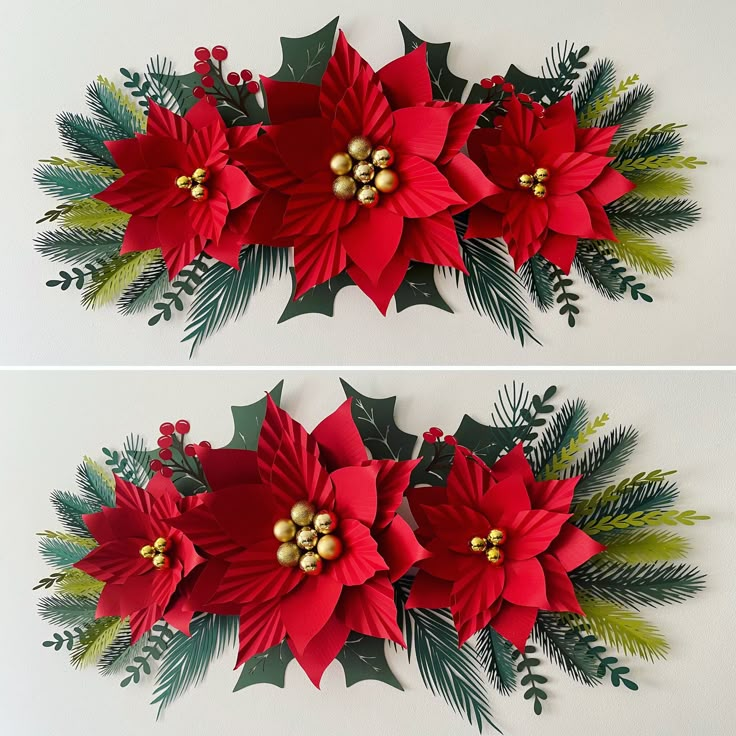 two pictures of poinsettis with green leaves and red flowers on the wall