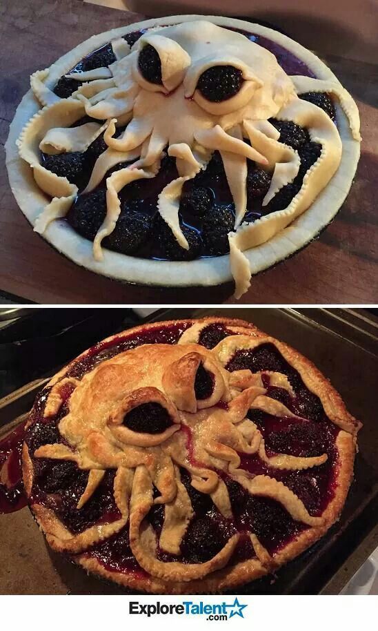 two pictures one with an octopus and the other with pie crusts on it's sides