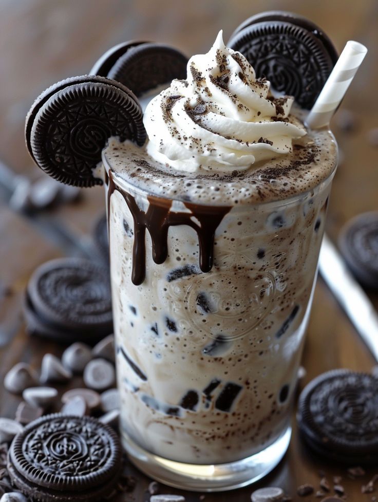 an oreo milkshake with whipped cream and chocolate