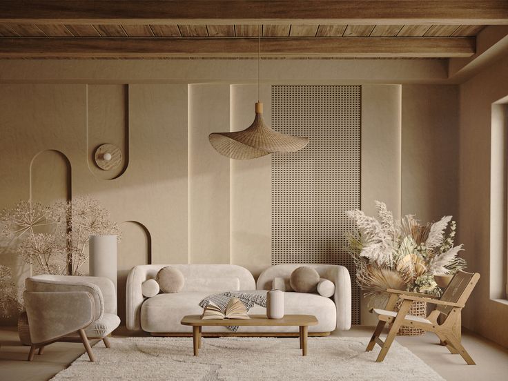 a living room filled with white furniture and lots of plants on the wall next to it