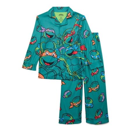 Cowabungaits time for bed! This Teenage Mutant Ninja Turtles Coat Pajama Set for Boys features fun, allover prints of his favorite characters. The long-sleeve sleep top has a notch collar, button-front closure and a relaxed fit. The sleep pants have a pull-on style with an elastic waistband to gently hug his body for easy, comfy wearingperfect for a night of lounging and sleep. Size: 4/5.  Color: Green.  Gender: male.  Age Group: kids. Turtle Clothes, Christmas Coat, Time For Bed, Black Pokemon, Boys Fleece, Fleece Pajamas, Sleep Pants, Kids Clothes Boys, Dreamy Room