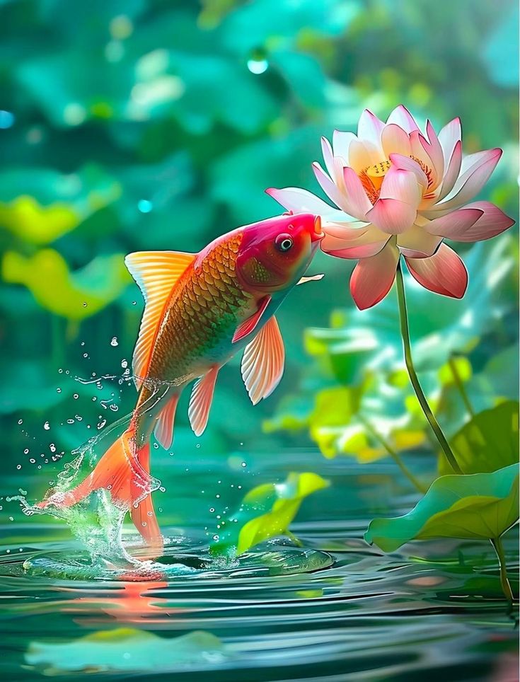 a fish jumping out of the water to catch a flower