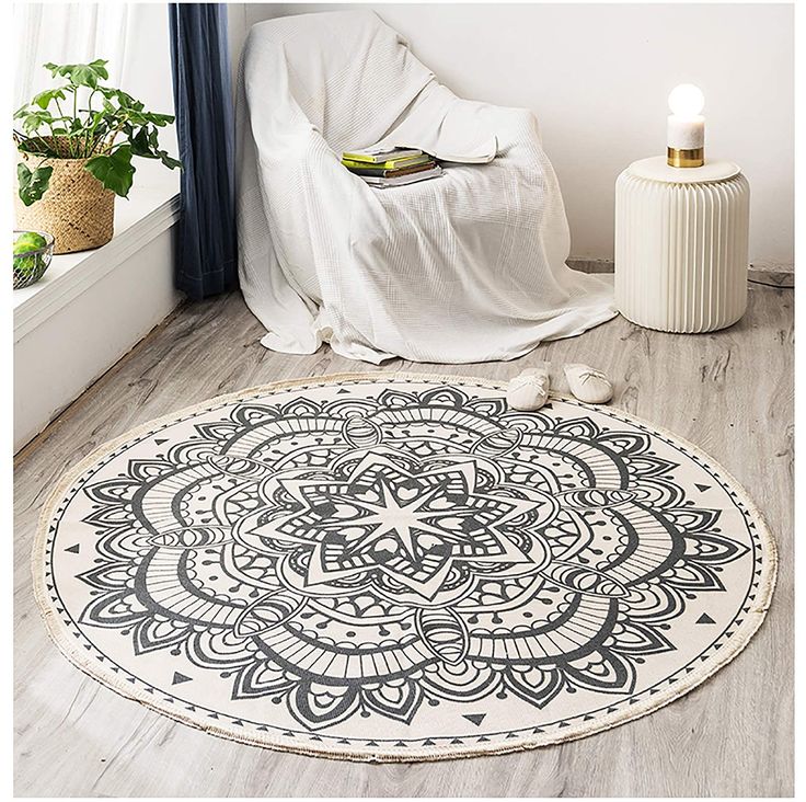 PRICES MAY VARY. High Quality Cotton Material: Made of 45% cotton, 45% polyester and10% viscose, this cotton round area rug is durable for high traffic areas, soft and comfortable to touch. Tightly woven cotton rug is great water absorption, no shedding and no collecting hairs. Chic Boho Pattern: Designed with Bohemian Mandala floral pattern and tassel fringe around the edge, this chic Bohemian cotton circle throw rug is vivid and distinctive, placing it under swing egg chair, beside the bed, ov Rug With Tassels, Mandala Circle, Playroom Nursery, Boho Mandala, Cotton Carpet, Printed Carpet, Carpet Size, Cotton Area Rug, Circle Rug